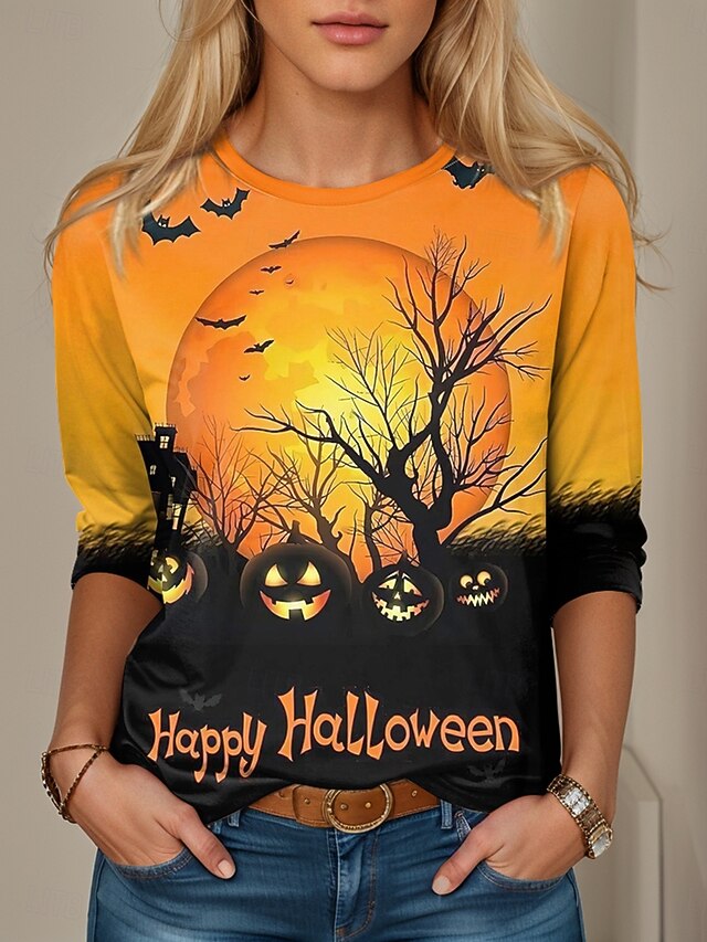 Halloween Women's T shirt Pumpkin Graphic Vintage Stylish Casual Long Sleeve Crew Neck Regular Tops Daily Print Black Blue Orange Fall Winter4