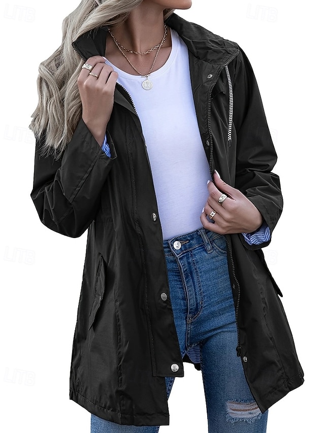  Mulheres Casaco com capuz Jaquetas de chuva impermeáveis Capas de chuva Manter Quente Confortável Zíper Bolsos Ao ar livre Casual Tecido Para Noite Casual / Diário Zíper Padrão Com Capuz Normal Manga