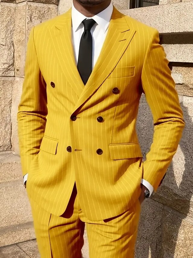 Men's Blazer Suits Business Cocktail Party Wedding Party Fashion Casual Spring Fall Polyester Stripes Pocket 2 Piece Comfortable Double Breasted Blazer Black Yellow Blue4