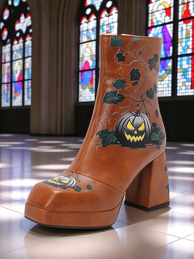  Dámské kotníkové boty na platformě na halloween – černá umělá kůže s potiskem dýně, úzké podpatky a boční zip, strašidelný gotický styl pro kostýmní večírky, tematické akce a koledování.