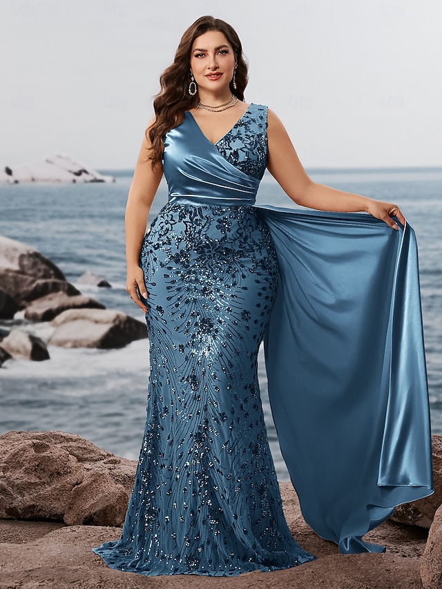  sereia / trompete vestido de noite vestido formal brilhante festa à noite roupa de festa comprimento longo sem mangas decote em v capas com lantejoulas costas em v com xale de lantejoulas