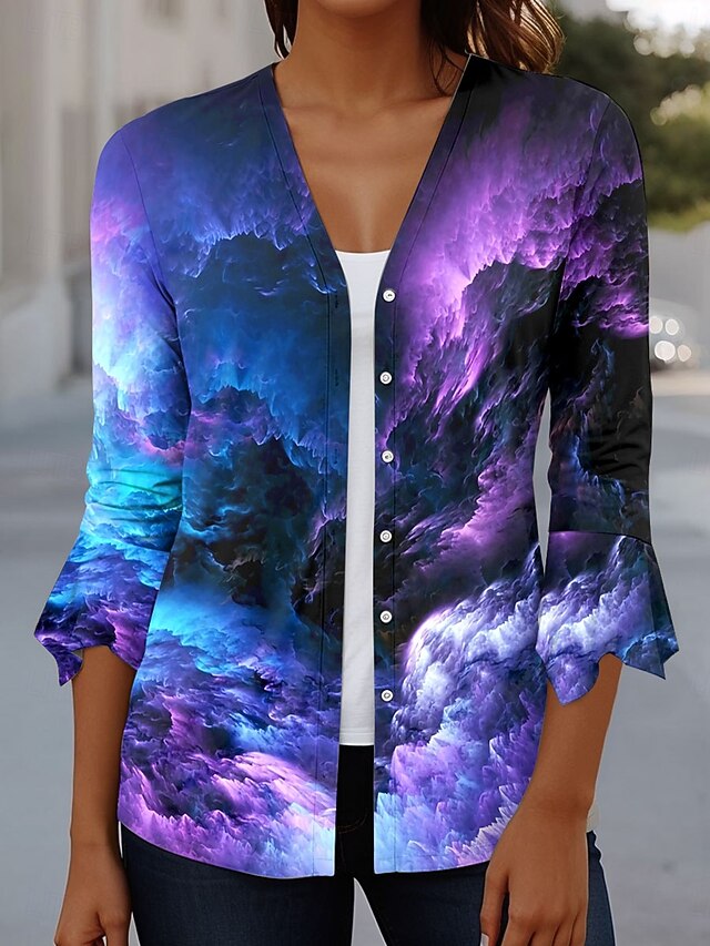 Women's T Shirt Ombre Graphic Elegant Vintage Stylish 3/4 Length Sleeve V Neck Regular Tops Daily Going out Ruffle Buttons Blue Purple Green Summer Spring Fall4