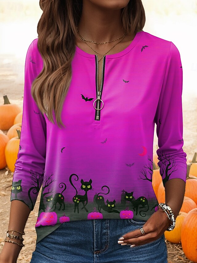 Pull En Polaire Halloween Femme - Imprimé Citrouille, Manches Longues, Polyester, 350 G