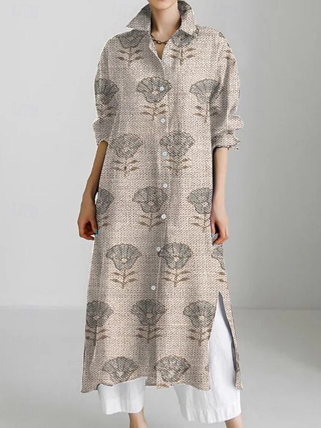 Women's Midi Dress Shirt Dress Casual Dress Fashion Modern Daily Holiday Weekend Regular Fit Floral Graphic 3/4 Length Sleeve Shirt Collar Pink Khaki Gray Summer Spring Fall4