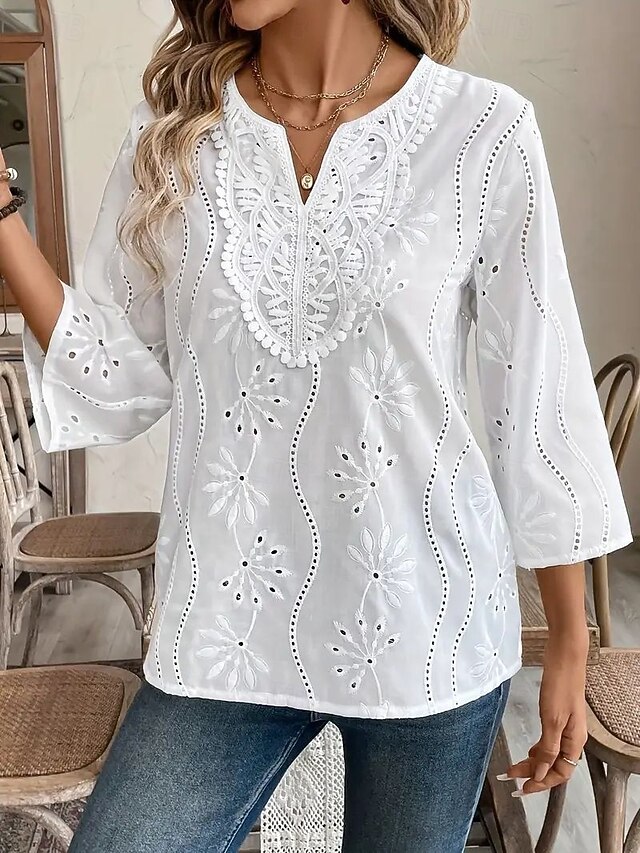 Women's Boho Shirt Dressy Tops Solid Color Floral Casual Boho 3/4 Length Sleeve Elbow Sleeve Bell Sleeve V Neck Long Tops Daily Going out Embroidered White Summer Fall4