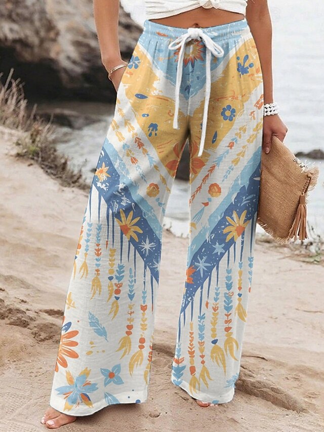 Women's Wide Leg Pants Trousers Vacation Casual Long High Waist Leaf Geometic Elastic Waist Printing High Cut Breathability Soft Micro-elastic Vacation Street Daily Wear Yellow Orange Spring Fall4