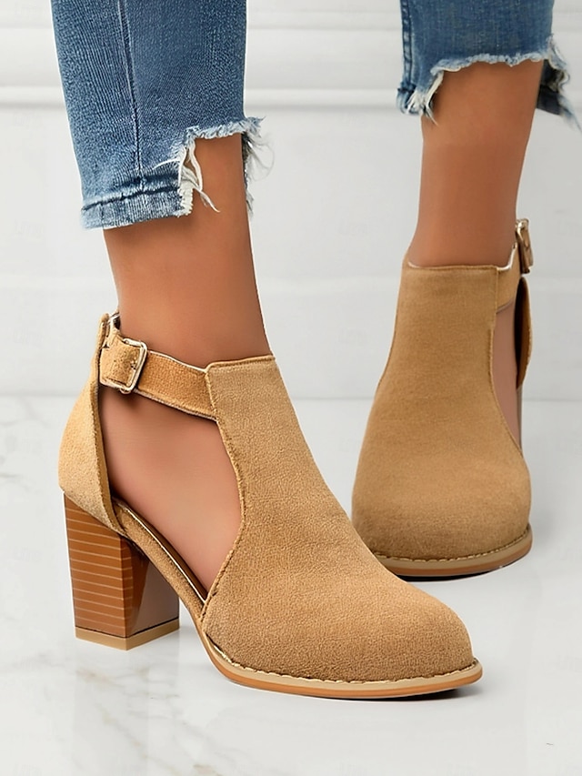  Botas femininas de camurça bege com recorte no tornozelo e salto bloco - perfeitas para passeios casuais, moda primavera e outono e uso diário elegante