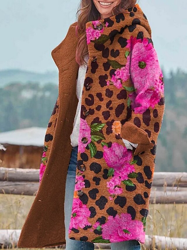 Women's Winter Jacket Fleece Jacket Coat Warm Breathable Pocket Buttons Print Active Daily Casual Leopard Vacation Street Daily Single Breasted Long Hoodie Regular Fit Long Sleeve Outerwear Black4