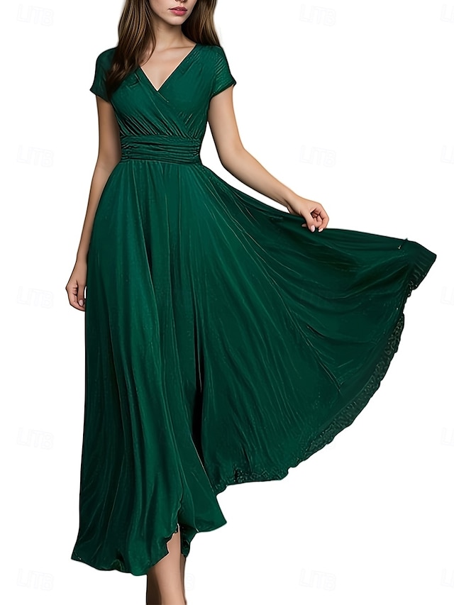  Women's Maxi long Dress Boho Wedding Guest Dress Elegant Stylish Regular Fit Plain Short Sleeve V Neck Black White Yellow Light Green Summer Spring