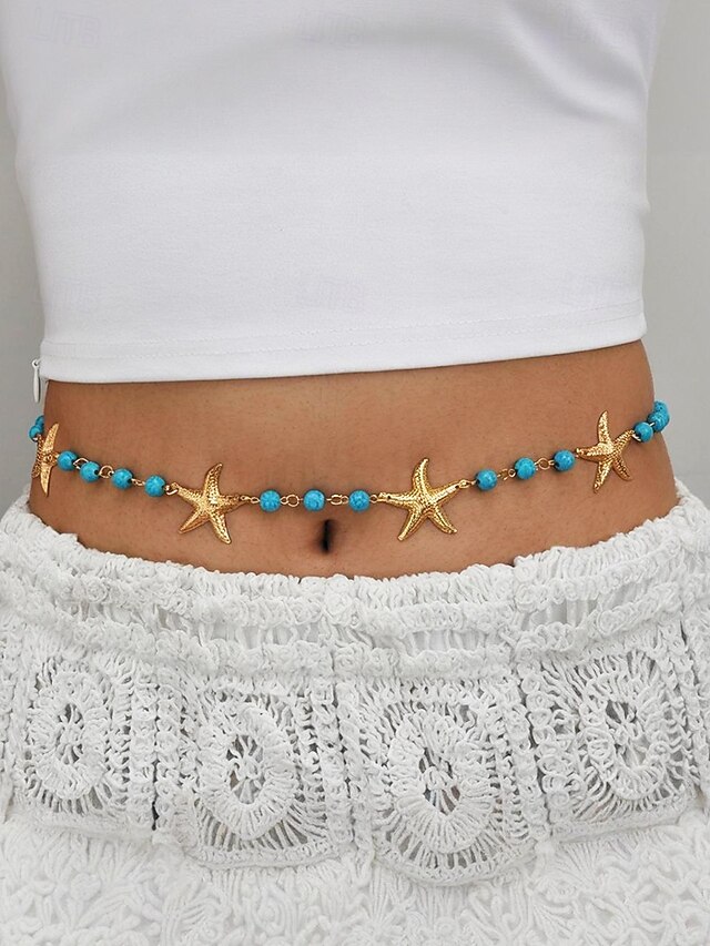  Cintura da donna con catena in vita e perline turchesi a forma di stella marina - gioielli da spiaggia in lega bohémien per outfit estivi e look da vacanza