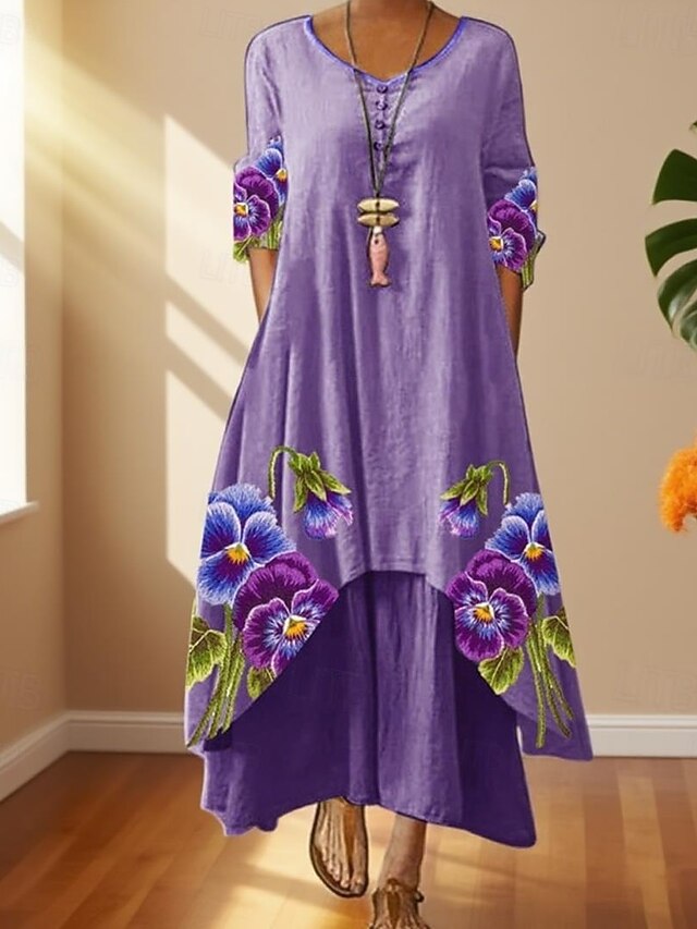 Women's Long Dress Maxi Dress Casual Dress Print Dress Elegant Fashion Classic Outdoor Vacation Holiday Regular Fit Flower Long Sleeve V Neck White Purple Fall4