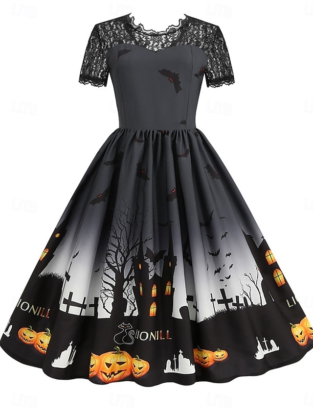  Halloween Kvinners Slott Trykk Midi Kjole A-Linje Kjole Passform Og Utsving Kjole Uformell Daglig Ferie Regulær Passform Gresskar Spindelvev Kortermet Crew Neck Svart Rød Blå Lilla Sommer Vår Høst