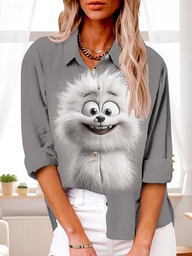 Women's Shirt 3D Active Daily Stylish Long Sleeve Shirt Collar Regular Tops Daily Holiday Buttons Print Dark Gray Gray Summer Spring Fall4