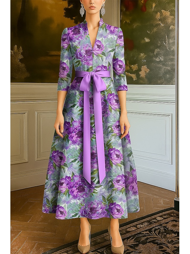  lila geblümtes A-Linien-Abendkleid, elegantes Kleid, formelle Hochzeit, bodenlang, halbe Ärmel, V-Ausschnitt, Tasche, Nylon mit Blumendruck 2025