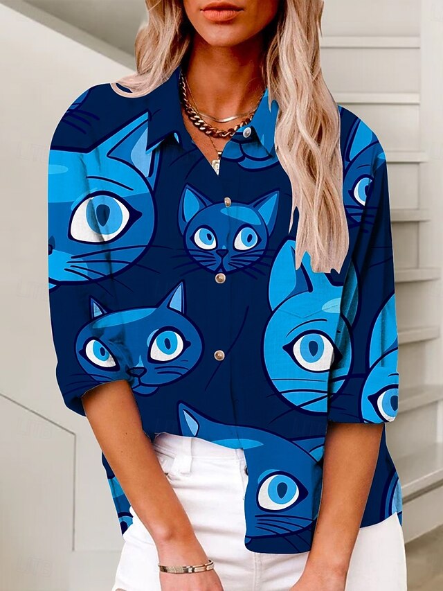 Women's Shirt Cat Active Daily Stylish Long Sleeve Shirt Collar Regular Tops Daily Holiday Buttons Print Blue Summer Spring Fall4
