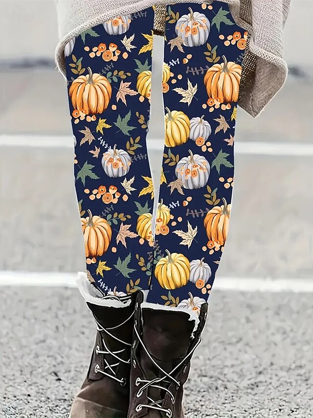 Women's Pants Trousers Leggings Cozy Leggings Streetwear Casual Full Length High Waist Pumpkin Elastic Waist Print Breathability Comfortable Stretchy Vacation Street Daily Wear Navy Blue Spring Fall4