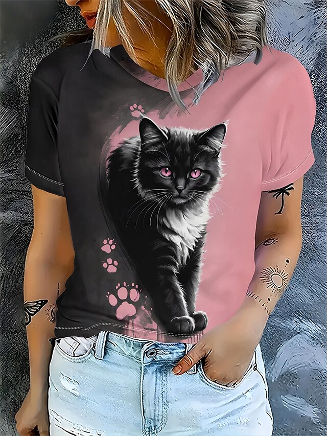 Women's T Shirt Ombre Graphic Animal Vintage Stylish Classic Short Sleeve Crew Neck Round Neck Regular Tops Daily Weekend Print Pink Summer Spring Fall4