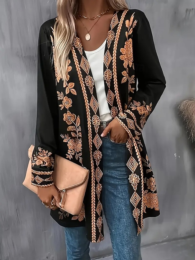 Femmes Manteau d'Hiver Trench Léger Confortable Imprimé Front ouvert ancien Mode Occasionnel Fleuri Vacances Occasionnel Long Sans Col Coupe régulière manche longue Vêtements d'extérieur Blanche
