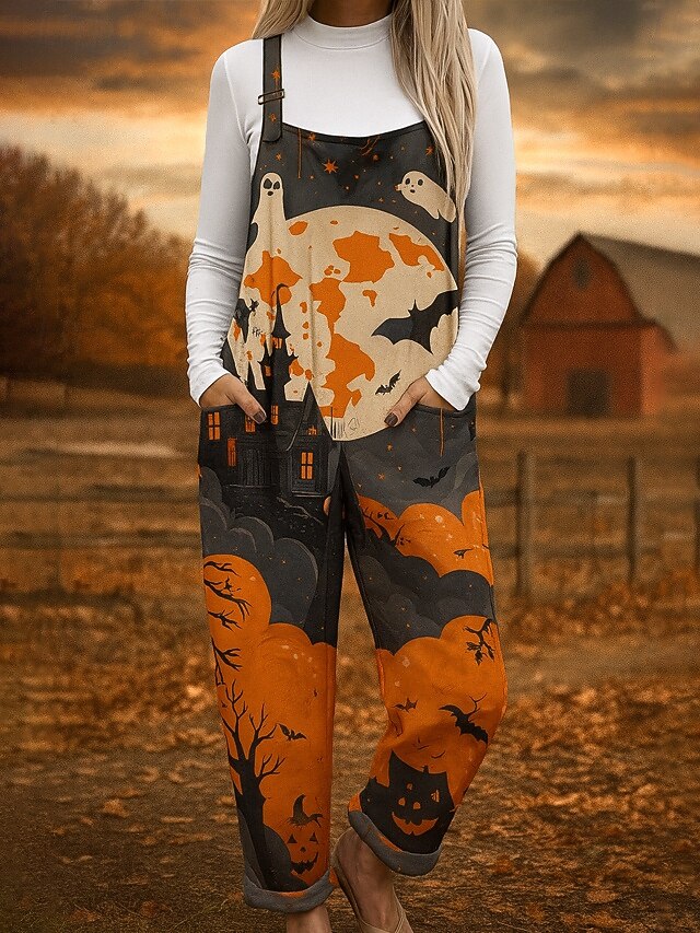 Halloween 100% Cotton Women's Overall Lightweight Floral Sleeveless Castle Straight Round Neck with Pocket Vacation Halloween Loose Fit Black Brown Khaki Summer4