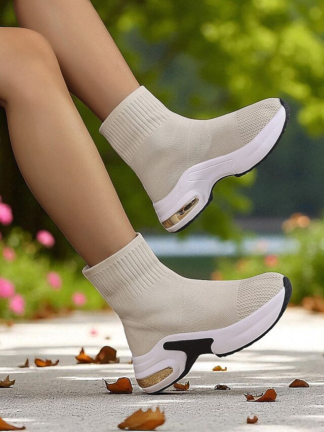  Dámské béžové ponožkové kozačky z flyknit pleteniny s platformovou podrážkou – lehká ležérní obuv na outdoor, cestování a sport