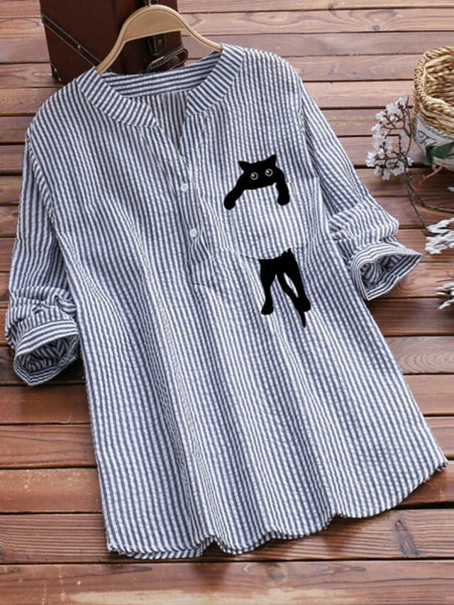 Women's Shirt Striped Stylish Casual 3/4 Length Sleeve V Neck Regular Tops Daily Buttons Print Black Pink Sky Blue Summer Spring Fall4