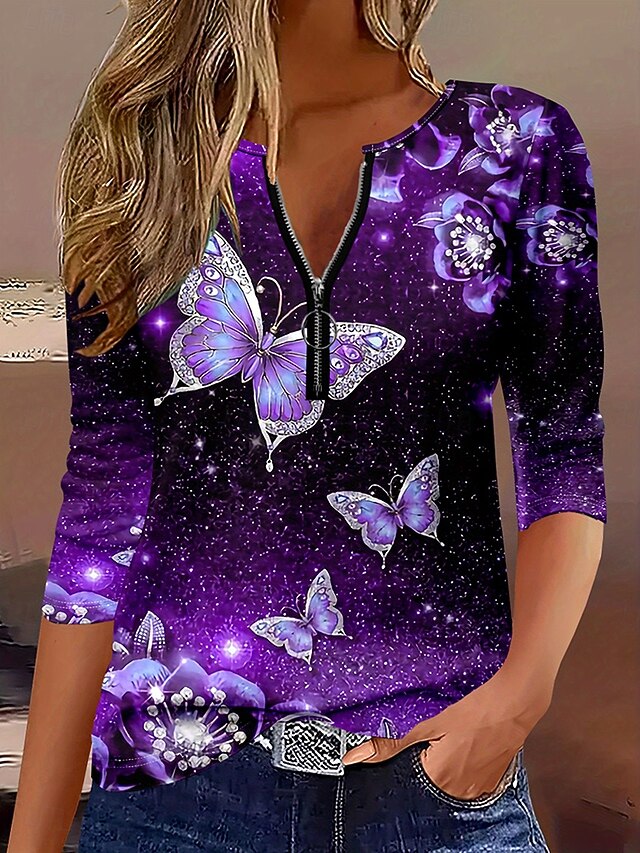 Women's T Shirt Ombre Graphic Animal Elegant Vintage Stylish Long Sleeve Round Neck Notched Neck Regular Tops Daily Weekend Zipper Print Purple Spring Fall Winter4