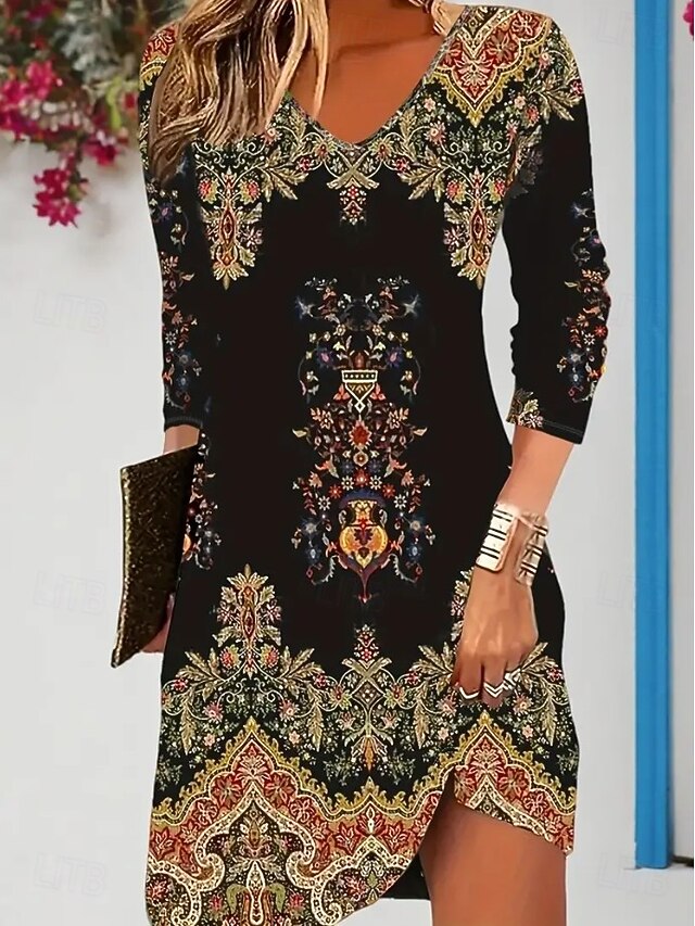 Women's Mini Dress Knit Dress Casual Dress Sundress A Line Dress Stylish Casual Home Birthday Street Regular Fit Graphic Geometric Long Sleeve V Neck Black Spring Fall3