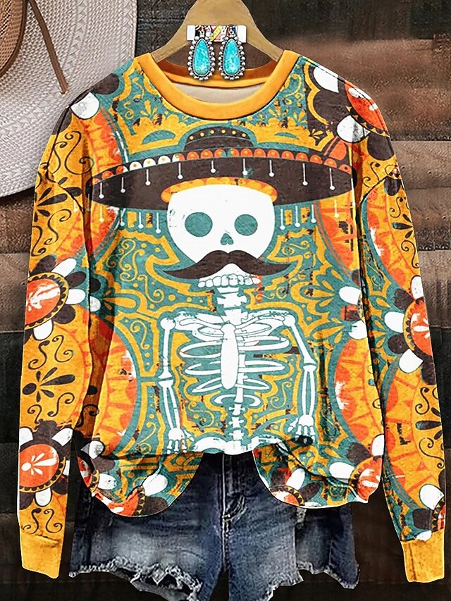 Halloween Women's Sweatshirts Skulls Graphic Warm Casual Festival Long Sleeve Crew Neck Round Neck Regular Tops Street Dailywear Casual Print Maroon Red Orange Spring Fall Winter4