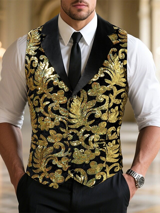  Herren Weste Gilet Urlaub Party Geschäft Mode Lässig Frühling Herbst Tasche Knöpfe Pailletten Polyester Bequem Beflockung Einreihig Ein-Knopf Steigendes Revers Normale Passform Gold Weste