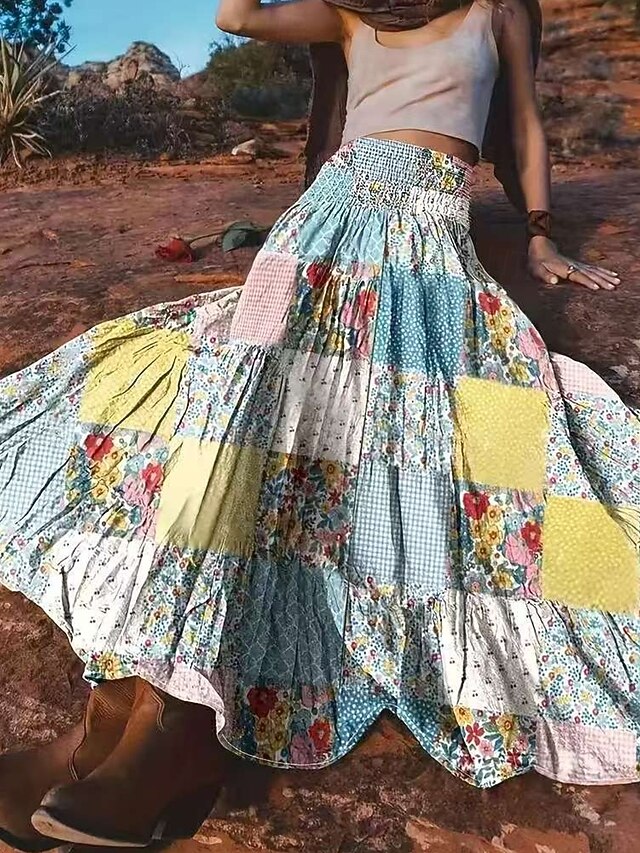 Women's Skirt Swing Casual Boho Maxi Mid Rise Skirts Floral Plaid Patchwork Print Micro-elastic Vacation Street Blue Spring Polyester4