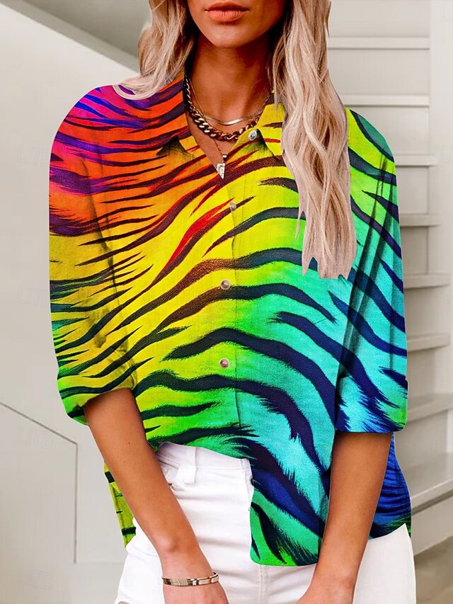 Women's Shirt Leopard Active Daily Stylish Long Sleeve Shirt Collar Regular Tops Daily Holiday Buttons Print Yellow Blue Green Summer Spring Fall4