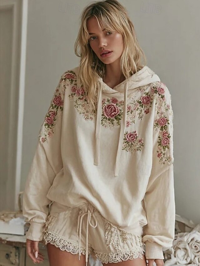 Women's 3D Print Vintage Boho Hoodie Patchwork Hoodie Sweatshirt Floral Pullover Sweatshirt Oversized Long Sleeve Casual Warm Active Hooded Street Dailywear Patchwork Beige Spring Fall Winter4