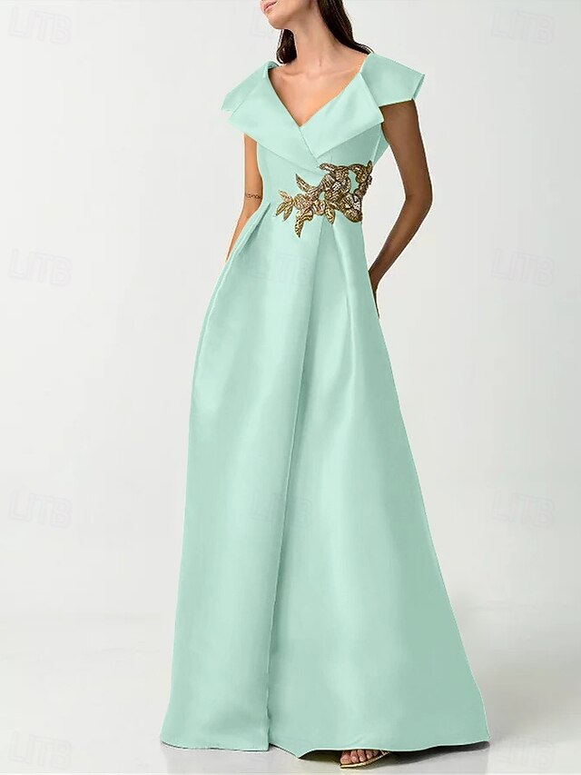 Unique Gold V Neck Satin Pleated Slit A Line Long Evening Dress Formal Wedding Guest Dress