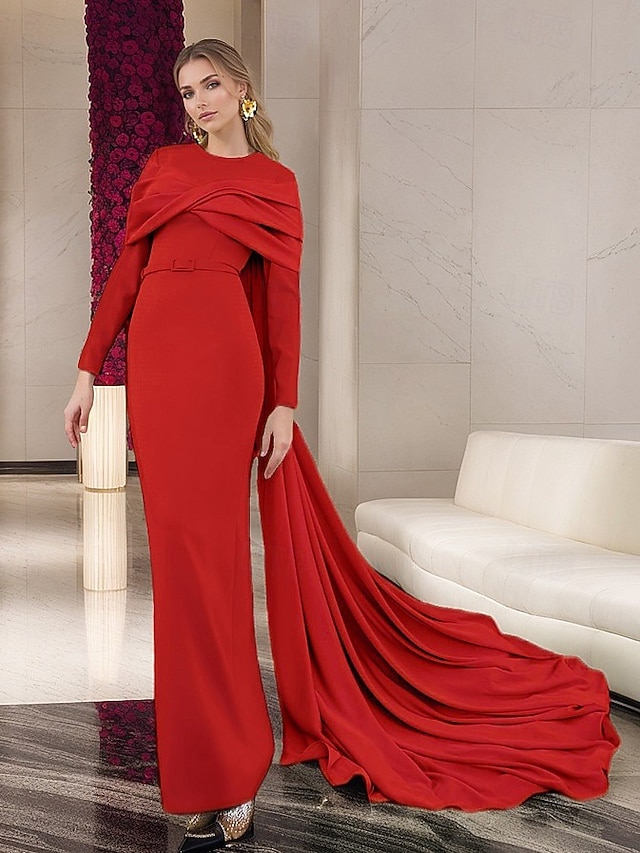  abito da sera a sirena/tromba, elegante, formale, da sposa, con strascico, manica lunga, girocollo, in crêpe elasticizzato con pieghe, 2025