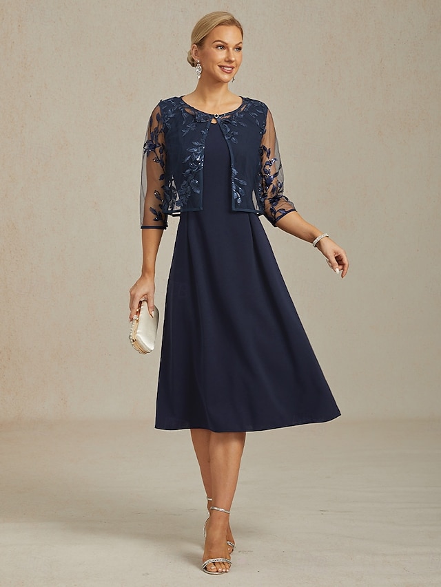  damejakke blazer blonder brodert paljett illusjonsblonder elegant blomstermønster formell jubileumsfest bryllupsgjest åpen front kort rund hals normal passform 3/4-ermet yttertøy marineblå