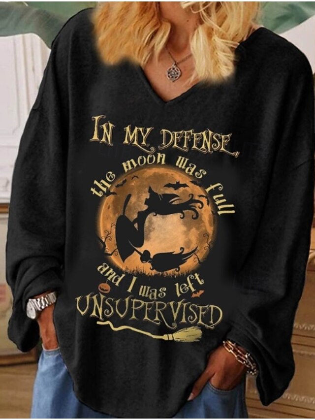 Halloween Women's T shirt Witch Vintage Stylish Basic Long Sleeve V Neck Regular Tops Weekend Black Gray Fall3