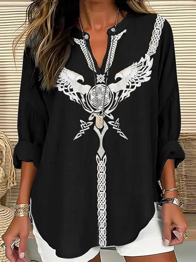 Women's Shirt Floral Daily Retro Vintage Long Sleeve V Neck Regular Tops Daily Holiday Print Black Summer Spring Fall4