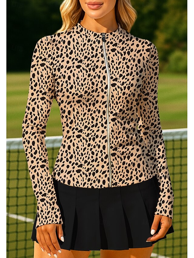 Women's Animal Leopard Tops Sport Shirt Tennis Shirt Tennis Top Long Sleeve Zipper Floral UPF50+ UV Resistant High Elasticity Moisture Wicking Breathable Volleyball Tennis Golf Round High Neck Tee4