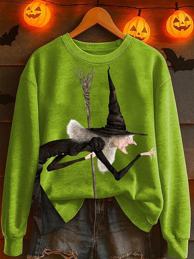 Halloween Women's Pullover Sweatshirt Witch Graphic Fashion Casual Long Sleeve Crew Neck Regular Tops Street Dailywear Casual Print Green Fall Winter4