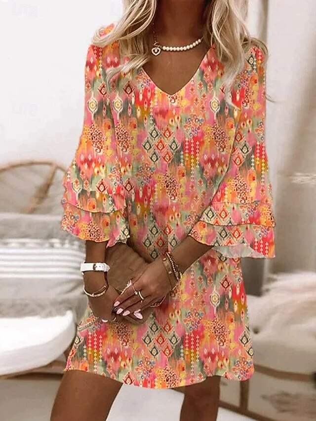 Women's Mini Dress Casual Dress Sundress A Line Dress Vacation Casual Boho Party Regular Fit Floral Graphic Abstract 3/4 Length Sleeve V Neck Magenta Ink Blue Orange Spring Fall4