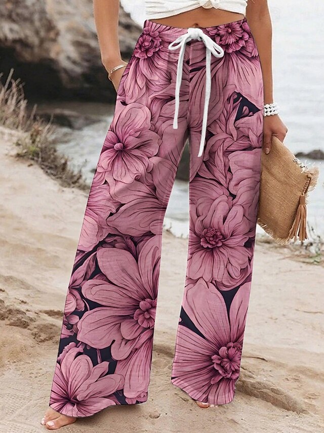 Women's Wide Leg Pants Trousers Vacation Casual Long High Waist Floral Elastic Waist Printing High Cut Breathability Soft Micro-elastic Vacation Street Daily Wear Fuchsia Spring Fall Regular Fit4