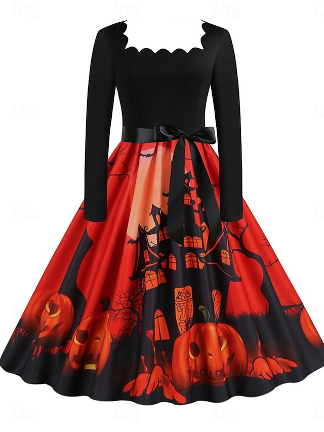 Halloween Femmes Robe Midi Robe trapèze Occasionnel Quotidien Fête Coupe régulière Potiron manche longue Col carré Jaune foncé Noir Jaune Orange Été Printemps Automne