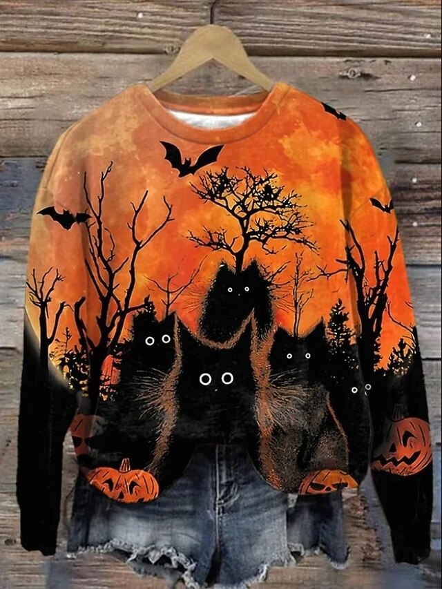 Halloween Women's Pullover Sweatshirt Black Cat Graphic Skull Fashion Casual Long Sleeve Crew Neck Round Neck Regular Tops Street Dailywear Casual Print Black Dark Gray Fall Winter4