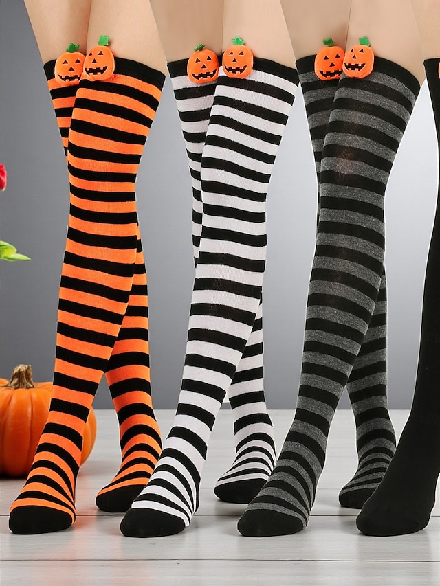  Damskie skarpetki za kolano na Halloween - bawełniane, długie pończochy w paski z uroczym wzorem dyni, zabawne i wygodne, nowatorskie pończochy na imprezy kostiumowe, cosplay i wydarzenia świąteczne
