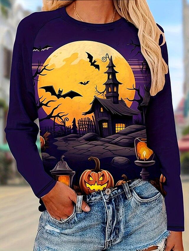 Halloween Women's T Shirt Castle Graphic Vintage Stylish Classic Long Sleeve Round Neck Regular Tops Daily Weekend Print Purple Fall Winter4