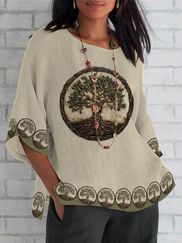 Women's Shirt Floral Daily Casual 3/4 Length Sleeve Crew Neck Regular Tops Daily Holiday Print Green Khaki Summer Spring Fall4
