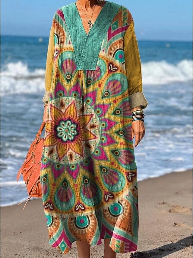  Dam Maxiklänning Solklänning A linjeklänning Semester Ledigt Boho Fest Helgdag Strand Lös passning Blommig Grafisk Geometrisk Långärmad V-hals Gul Rubinrött Fuchsia Orange Sommar Vår Höst