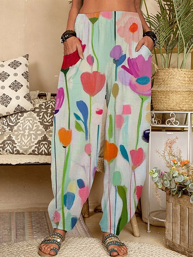 Women's Chinos Pants Trousers Active Fashion Long High Waist Floral Pocket Elastic Waist Printing Breathability Soft Micro-elastic Vacation Street Daily Wear Pink Red Spring Fall Regular Fit4