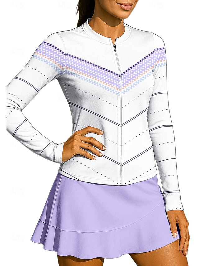 Women's Geometric Sport Shirt Tennis Shirt Tennis Top Long Sleeve Zipper Floral UPF50+ UV Resistant High Elasticity Moisture Wicking Breathable Volleyball Tennis Golf High Neck Stand Collar Shirt4