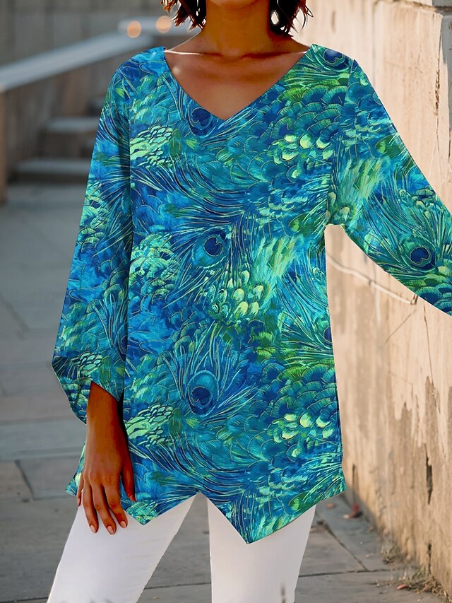 Women's Blouse Graphic Animal Abstract Vintage Stylish Casual 3/4 Length Sleeve V Neck Regular Tops Daily Holiday Print White Blue Green Summer Spring Fall4